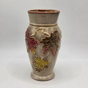 Vintage Ceramic Leaf Vase Autumn Fall Decor Embossed Maple Leaves Brown